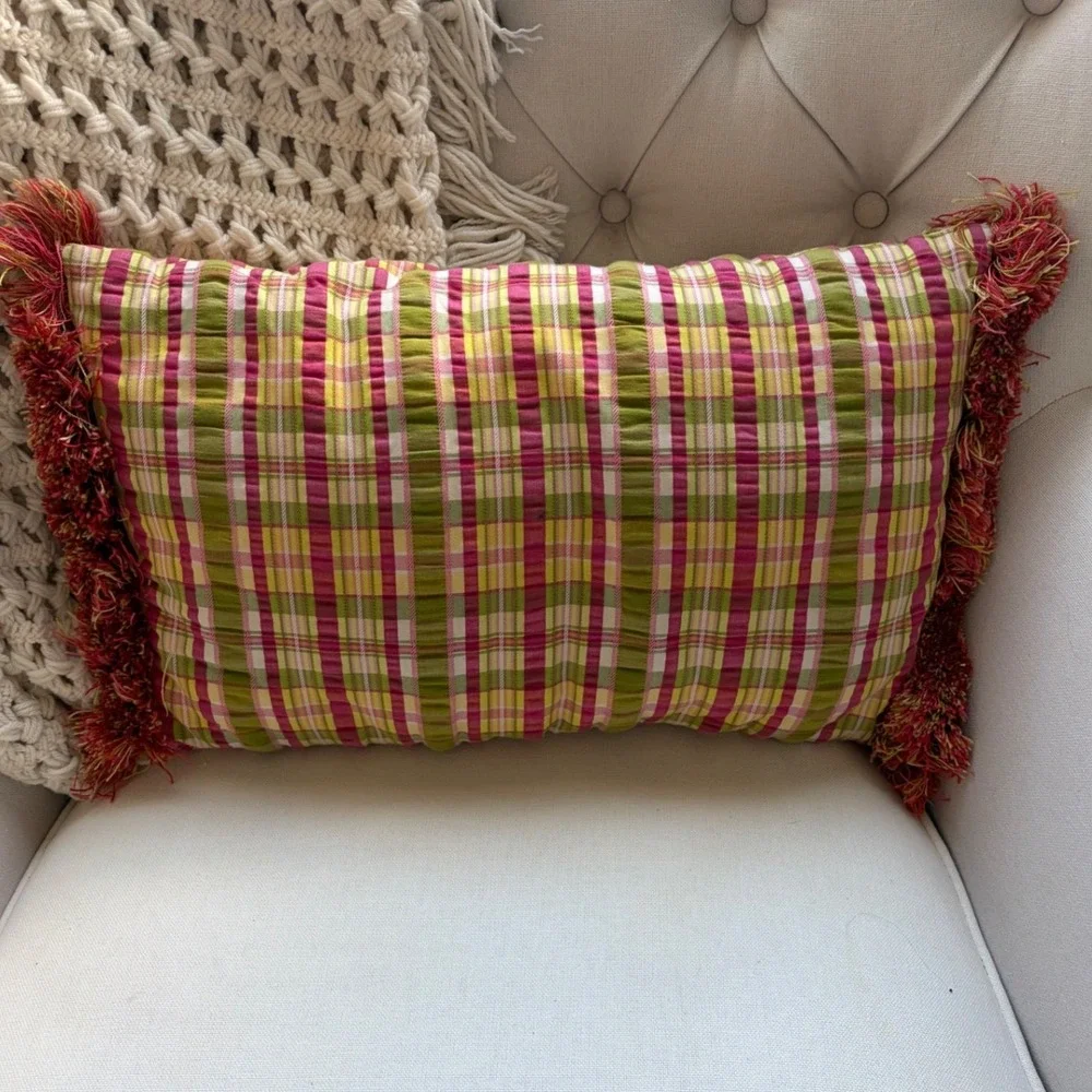 Pink Green Yellow Plaid Lumbar Throw Pillow with Fringe‎ Trim 20x12 Accent Boho